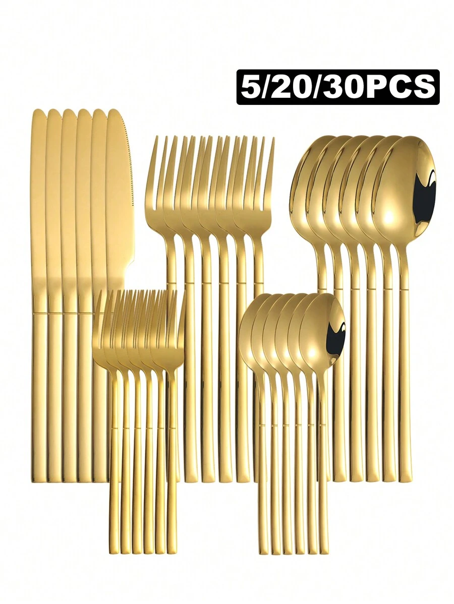 5/30pcs Gold Stainless Steel Cutlery Set, Including Knife, Fork, Spoon, Suitable For Home Kitchen And Restaurant,Kitchen,Christmas Gift,School Supplies - Gold - View 1
