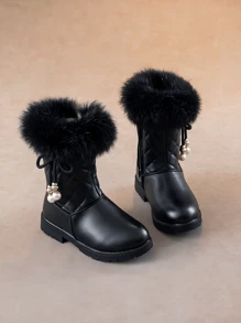 1pair Girls Cute Bowknot Lace-Up Side High Top Flat Boots, Warm Thick Plush Lining, Suitable For Winter