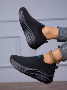 Lightweight Sports Shoes, Comfortable Casual Lace-Up Knitted Mesh Sneakers With Elastic For Women, Fashionable Tie-Up Running Shoes, Non-Slip Athletic Trainers - Black - View 6