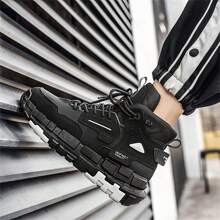 男士高帮厚底靴时尚百搭户外登山靴系带运动鞋帅气靴防滑耐磨跑步鞋秋冬 - 黑色 - 查看 2