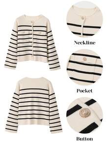 Astylish Women's Round Neck Button-Up Cardigan With Flap Pockets - White - View 5