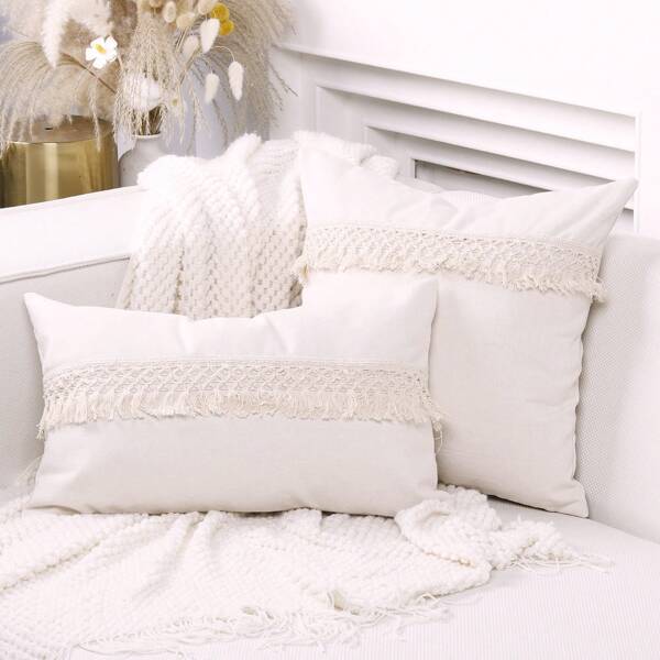 Simple Canvas Cushion Cover With Tassel Trim, Casual For Daily Use