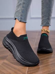 Lightweight Sports Shoes, Comfortable Casual Lace-Up Knitted Mesh Sneakers With Elastic For Women, Fashionable Tie-Up Running Shoes, Non-Slip Athletic Trainers - Black - View 3