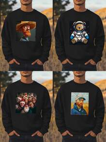 Customized Christmas Personalized Photo Printed Men's Black Crew Neck Sweatshirt, Upload Your Photo/Pet Photo/Family Photo, Suitable For Halloween, Christmas, Birthday, Valentine's Day, Father's Day, Party Anniversary - Black - View 2