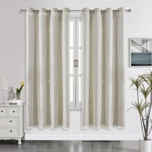 2pcs/Set Panel Curtains - Beige Solid Curtains With Laser Cut Star Holes To Darken Room, Suitable For Bedroom, Decor Home Curtain For Girls Room, Living Room