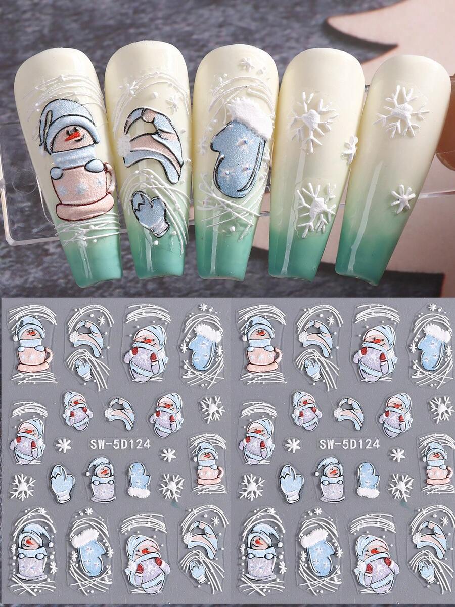 2 Miếng Dán Móng Tay Người Tuyết Màu Xanh 5D Thiết Kế Mùa Đông Dễ Thương Cốc Người Tuyết Găng Tay Mũ Thiết Kế Nghệ Thuật Làm Móng Giáng Sinh Trang Trí Làm Móng Nghệ Thuật Làm Móng Cho Phụ Nữ Và Bé Gái - Nhiều màu - Xem 1