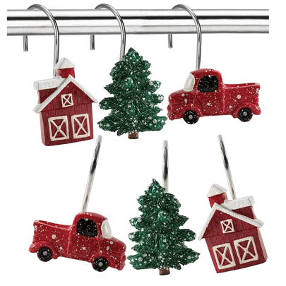 12pcs Christmas Series Metal & Resin Christmas Tree, House, Truck Decorations For Living Room, Bedroom, Kitchen, Bathroom - Shower Curtain Hooks, Window Curtain Rings Home Bathroom Decor Fall Decor Bathroom Accessories Back To School