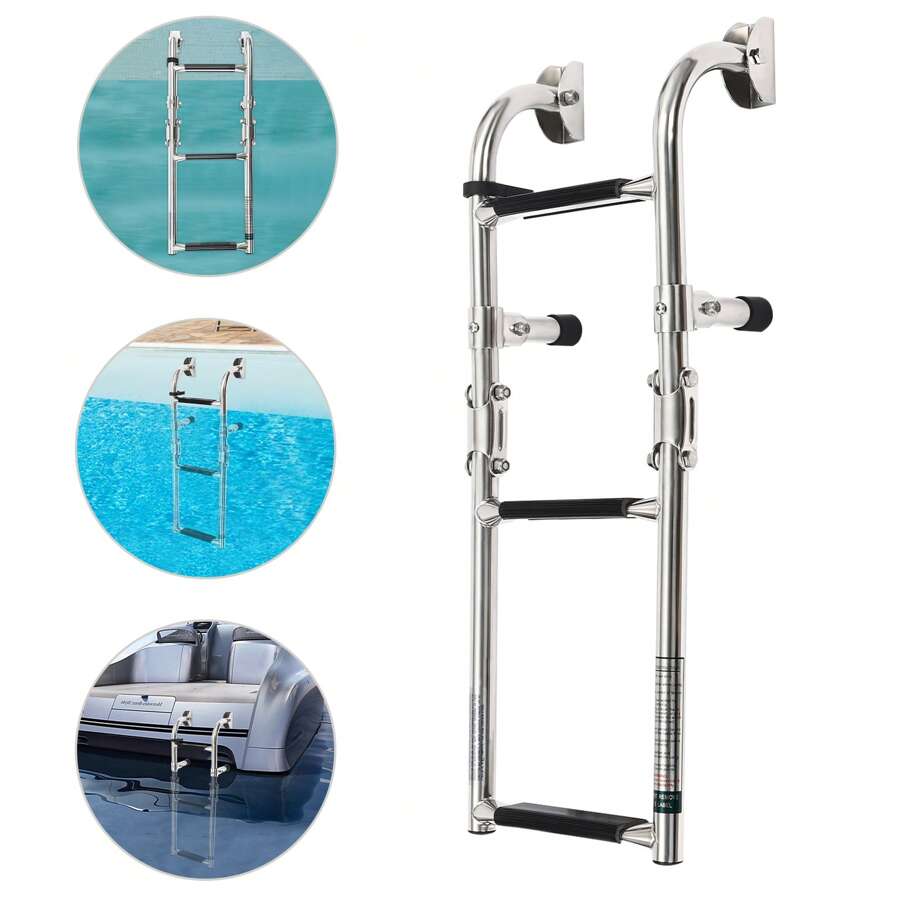 3 Step Folding Ladder, Stainless Steel Ladder, 3 Step Folding Boat Ladder - Silver and Black - View 1