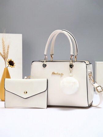 2 件套时尚手提包，带装饰性斜挎包，优雅绒球吊饰，适合办公室女士约会，最佳母亲节礼物创意，妈妈必备品，时尚商务休闲女士手提包，适合办公室和工作，时尚女士包包优雅