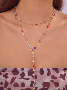 1 pièce de collier en métal en forme de Y avec chaîne ovale en zirconium de couleur aléatoire à la mode et personnalisé, convient pour les voyages, les sorties et les fêtes