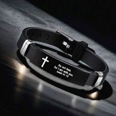 1 st justerbart kristna armband för män, rostfritt stål & silikonband med korsberlock och bibelvers, inspirerande religiösa smycken present till make, far, pojkvän, son