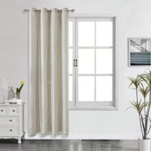 2pcs/Set Panel Curtains - Beige Solid Curtains With Laser Cut Star Holes To Darken Room, Suitable For Bedroom, Decor Home Curtain For Girls Room, Living Room