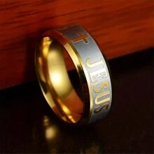 1 chiếc nhẫn cưới cỡ lớn 8mm bằng thép titan 316 mạ bạc 18K mạ vàng có hình chữ thập Chúa Jesus và Kinh thánh - Vàng - Xem 5