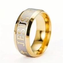 1 chiếc nhẫn cưới cỡ lớn 8mm bằng thép titan 316 mạ bạc 18K mạ vàng có hình chữ thập Chúa Jesus và Kinh thánh - Vàng - Xem 2