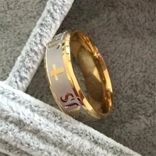 1 chiếc nhẫn cưới cỡ lớn 8mm bằng thép titan 316 mạ bạc 18K mạ vàng có hình chữ thập Chúa Jesus và Kinh thánh - Vàng - Xem 6