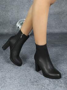 2025秋冬新款女士时尚踝靴，圆头厚底厚底，韩版防水短踝靴，多功能高跟鞋 - 黑色 - 查看 6