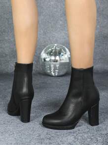 2025秋冬新款女士时尚踝靴，圆头厚底厚底，韩版防水短踝靴，多功能高跟鞋 - 黑色 - 查看 4