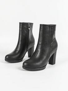 2025秋冬新款女士时尚踝靴，圆头厚底厚底，韩版防水短踝靴，多功能高跟鞋 - 黑色 - 查看 10