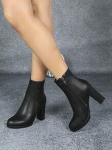 2025秋冬新款女士时尚踝靴，圆头厚底厚底，韩版防水短踝靴，多功能高跟鞋 - 黑色 - 查看 5