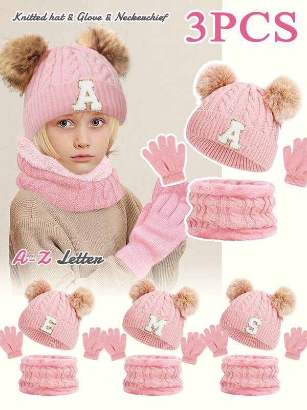3pcs/Set Baby 26 Letter Pattern Knitted Hat, Fleece Scarf & Gloves Set, Windproof Warm Cute Hats For Girls, Suitable For Autumn And Winter Outdoor, Fashionable Matching, Can Be Used As Birthday Gift