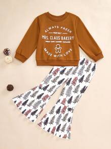 Girls Spring-Autumn Casual Outdoor Versatile Mocha Letter & Gingerbread Man Bakery Cake Cookies Print Long Sleeve Crew Neck Top Matched With White Floral Flared Pants - Coffee Brown - View 1