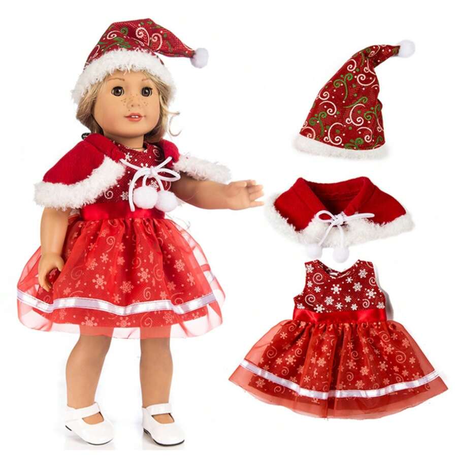 Bộ búp bê Giáng sinh 18 inch với trang phục màu đỏ, mũ, khăn quàng cổ và váy, quần áo búp bê, quần áo búp bê 18 inch, búp bê - Đỏ - Xem 1