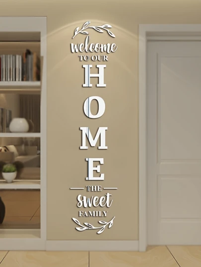 1包亚克力镜面墙贴，“欢迎来到我们温馨的家”橄榄枝软镜面墙贴，送给家人的最佳礼物，适合生日、毕业、家居装饰、返校、房间装饰、学习用品