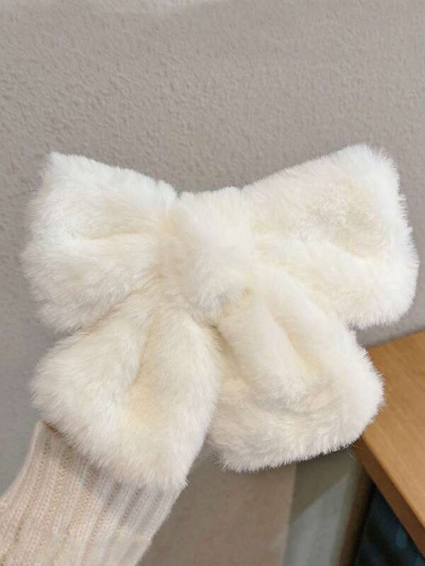 1pc Fluffy Solid Color Plush Big Bow Hair Clip Barrette Hairpin For Daily Wear, Autumn/Winter Valentine's Day Valentines, Winter Outfit For Women, Bows, Cute