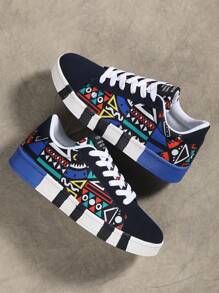 Damskie buty do jazdy na deskorolce, wzór geometryczny, wygodne, uniwersalne, sznurowane, z okrągłym noskiem, do uprawiania sportów na świeżym powietrzu, do wędrówek, buty unisex - Czarno-niebieski - Zobacz 8