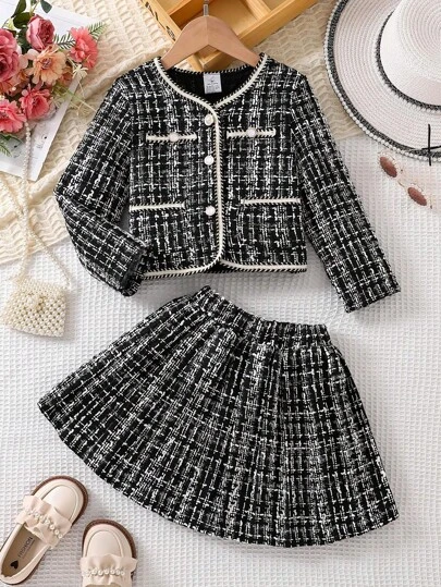 2 件套女孩时尚淑女春秋装，V 领纽扣长袖夹克 + 松紧腰裙，优雅、甜美、舒适、独特、迷人的女孩派对连衣裙