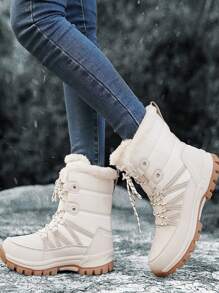Botas de nieve de invierno 2024 para mujeres, botas deportivas para senderismo con cordones hasta el tobillo de estilo elegante para uso casual en exteriores, color beige