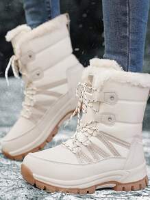 Botas de nieve de invierno 2024 para mujeres, botas deportivas para senderismo con cordones hasta el tobillo de estilo elegante para uso casual en exteriores, color beige