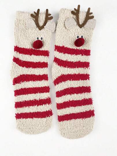 1 paire de chaussettes en polaire de corail, chaussettes mi-mollet moelleuses pour femmes avec motif de cerf rayé pour Noël. Chaussettes épaisses et chaudes avec broderie de dessin animé en 3D, idéales pour la maison et le sommeil. Confortables.