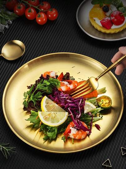 1 件不锈钢盘子，纯金色圆形烧烤盘，适用于餐厅、厨房、圣诞礼物、学校用品