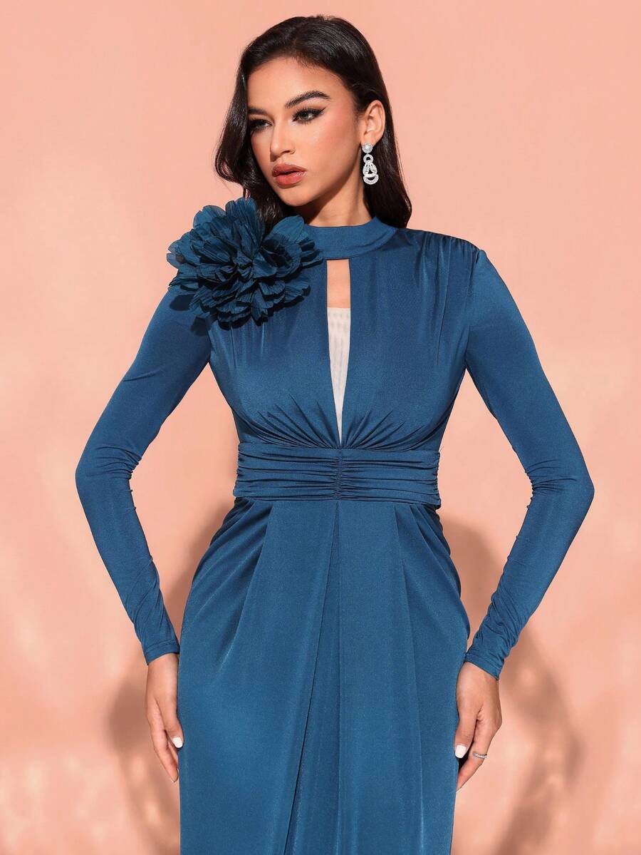 Women's Handmade 3D Floral High Slit Cocktail Party Dress With Puff Sleeves, Wedding Guest Dress, Formal Dress, Evening Dress,Gown - Teal Blue - View 1
