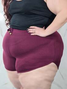 Shorts Short Ribbed Knit Plus Size Large Size Bermuda - 酒紅色 - 查看 3