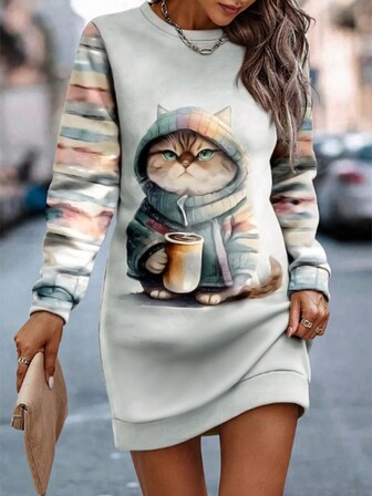 Modern, avslappnad semesterstil, elegant och mångsidig damklänning med smal passform för utomhusbruk, hem, resor och arbete - Ny modell, rund halsringning, långärmad, söt kattmönstrad klänning, snygg semesterklänning med avslappnad passform och mångsidig lång sweatshirt