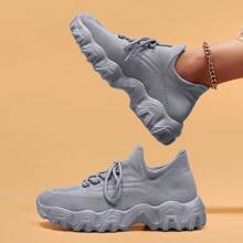 Women's Breathable Round Toe Slip-On Cushion Sneakers, Ladies' Casual Knitted Shoes - 灰色 - 查看 2
