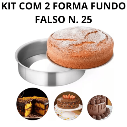 Kit Conjunto Jogo De 2 Forma Fundo Falso Lisa Tamanho 25 cm Alumínio Polido Grosso IF 49