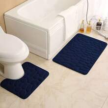 3PCS Soft Stone Texture Embossed High Resilience Memory Foam Water-Absorbent Non-Slip Bathroom Mat Set, Bathroom Floor Mat Home Bathroom Decor Bath Rug Floor Carpet Outdoor Rug Door Mat Summer Bathroom Accessories - Navy Blue - View 4