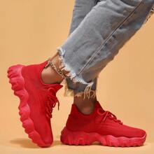 Women's Breathable Round Toe Slip-On Cushion Sneakers, Ladies' Casual Knitted Shoes - 紅色 - 查看 5