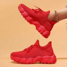 Women's Breathable Round Toe Slip-On Cushion Sneakers, Ladies' Casual Knitted Shoes - 紅色 - 查看 2