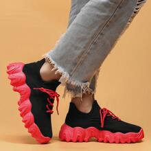 Women's Breathable Round Toe Slip-On Cushion Sneakers, Ladies' Casual Knitted Shoes - 黑紅 - 查看 6