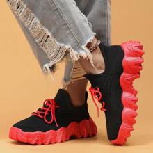 Women's Breathable Round Toe Slip-On Cushion Sneakers, Ladies' Casual Knitted Shoes - 黑紅 - 查看 5