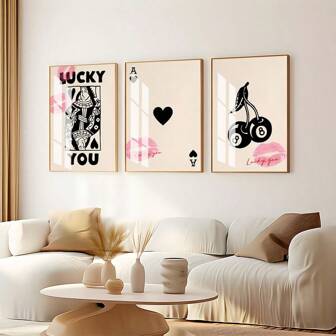 3pcs/Set Unframed Canvas Poster, Retro Art, Lucky You Poster, Stylish Aesthetic Poster, Red Heart Queen Wall Art, King Card Card Poster, Ideal Gift For Bedroom Living Room Corridor, Wall Art, Wall Decor, Winter Decor, Room Decoration,Without Frames Gifts Birthday Graduation