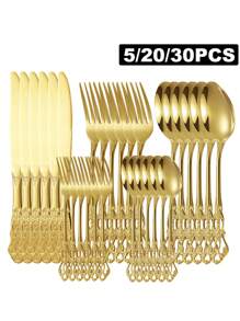 5/20/30 件/套金色不锈钢餐具套装，复古宫廷风格，包括牛排刀、叉、勺，非常适合餐厅、酒店、婚礼、节日礼物、厨房、圣诞礼物、学校用品 - 金色 - 查看 1