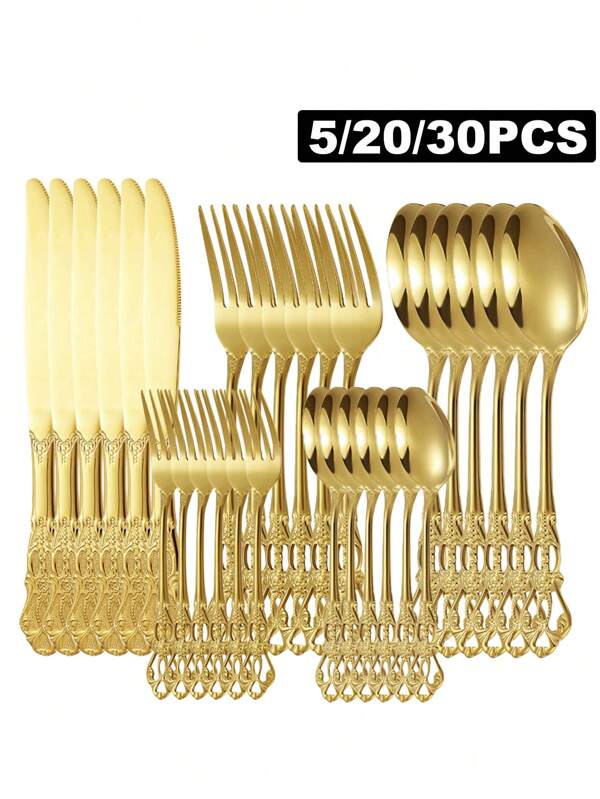 Lot de 5/20/30 pièces de couverts en acier inoxydable doré au style vintage de palais, comprenant couteau à steak, fourchette, cuillère. Parfait pour restaurant, hôtel, mariage, cadeaux de festival, cuisine, Noël, fournitures scolaires
