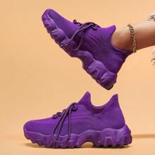 Women's Breathable Round Toe Slip-On Cushion Sneakers, Ladies' Casual Knitted Shoes - 紫色 - 查看 2