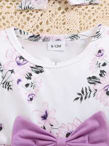 Baby Girl Floral Print Smock Shirt And Solid Color Pants, Autumn/Winter - Purple - View 7