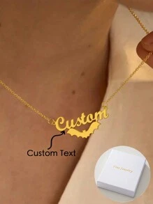 Dây chuyền mặt hình con dơi Halloween có thể tùy chỉnh bằng chữ cái tên tiếng Anh, dây chuyền thép không gỉ, phụ kiện thẻ tên con dơi Gothic cá nhân hóa và quà tặng Halloween sáng tạo - Vàng - Xem 1